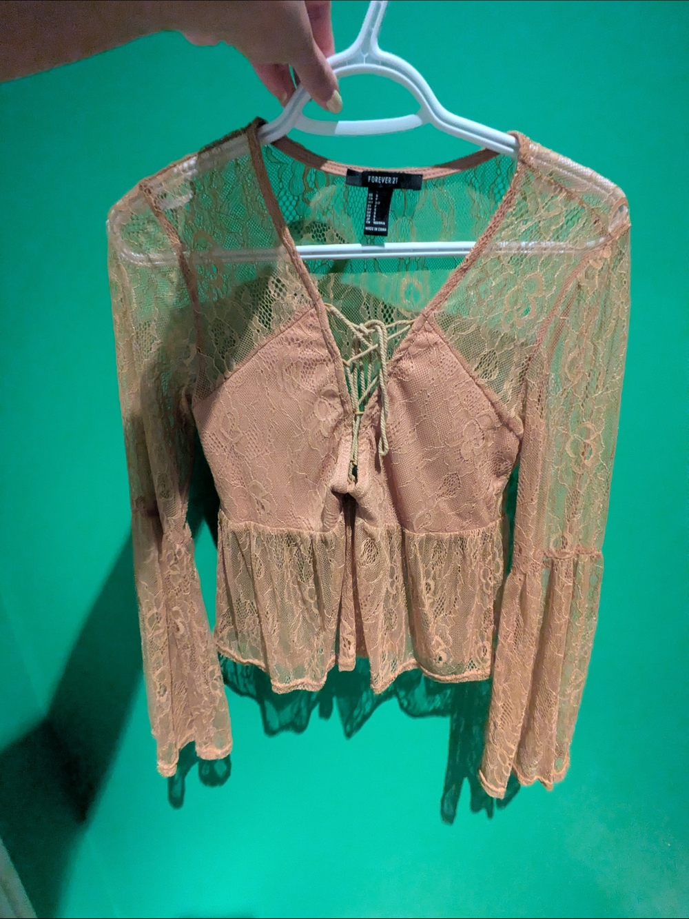 Forever 21 Mustard Yellow Lace Tie-Front Peplum Top With Bell Sleeves